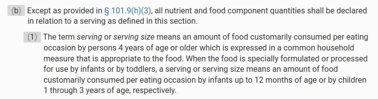 CFR description of serving size