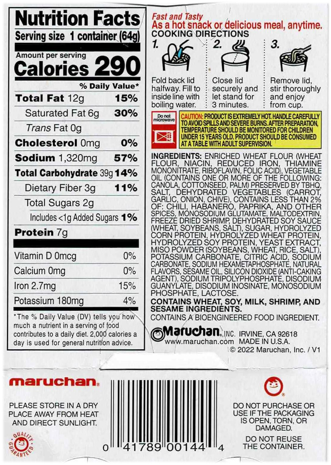 The ingredients and nutrition information of the Maruchan Hot & Spice Shrimp Ramen Noodle Soup.