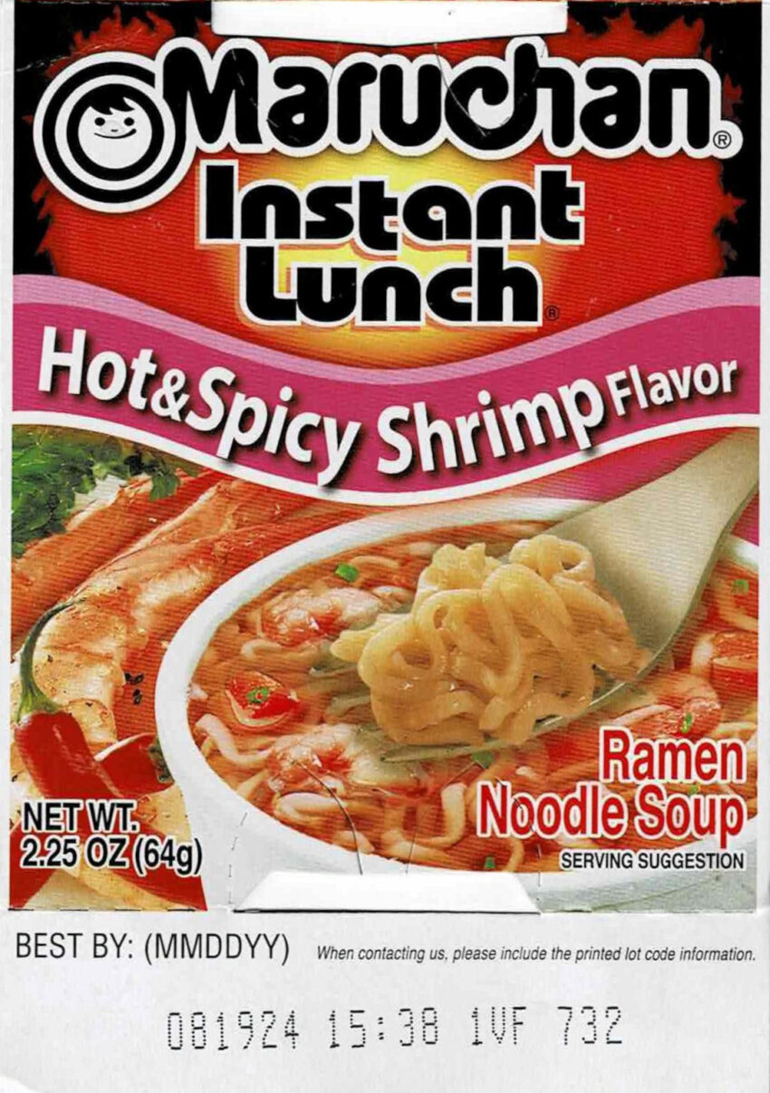 The front of the Maruchan Hot & Spice Shrimp Ramen Noodle Soup package.