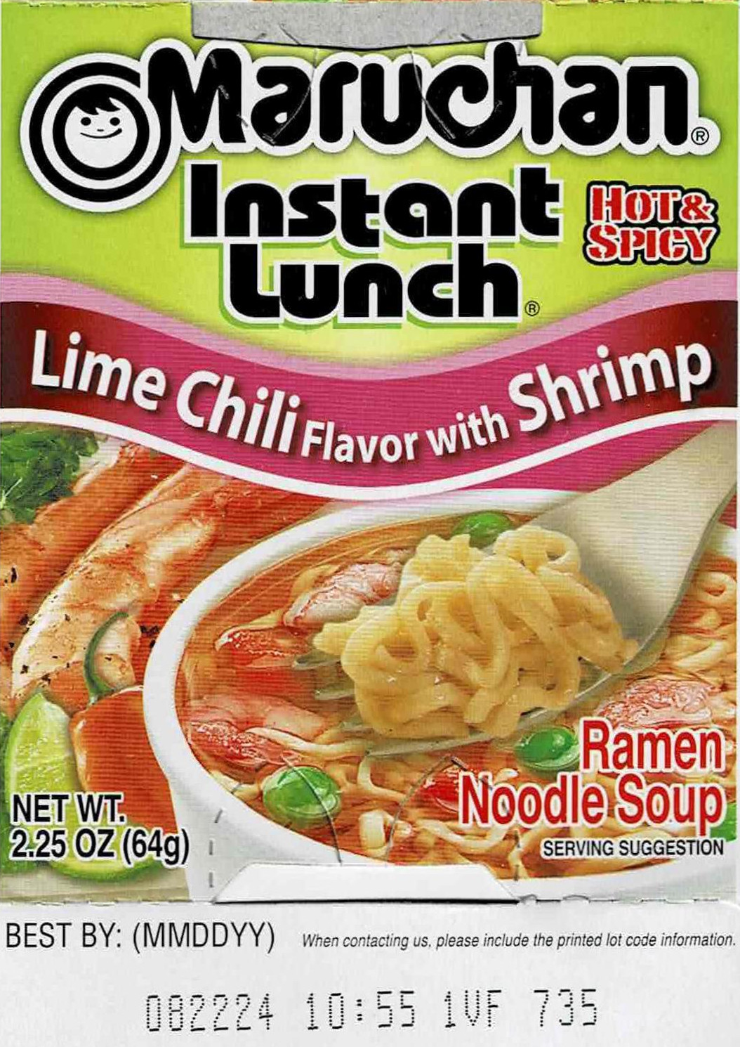 The front of the package of Maruchan Instant Lunch Lime Chilie with Shrimp.