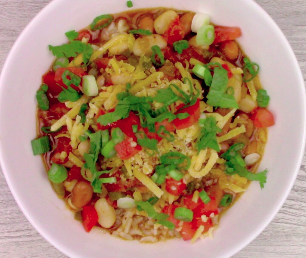 A bowl of vegetarian Pinto Bean Skillet Chili