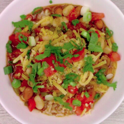 A bowl of vegetarian Pinto Bean Skillet Chili